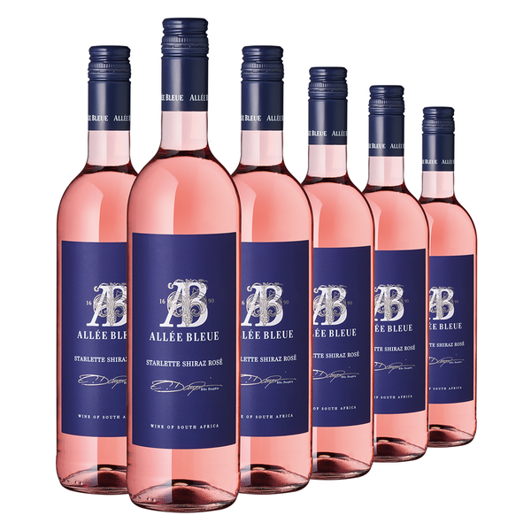 Sechs Flaschen „Starlette“ Shiraz Roséwein aus Franschhoek, jede mit blauem Etikett, stehen in einer Reihe.
