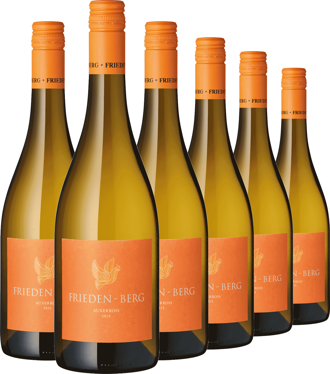 Sechs Flaschen Auxerrois-Weißwein von der Mosel, jede mit orangefarbenem Etikett und der Aufschrift FRIEDEN-BERG AUXERROIS 2021, präsentieren diese einzigartige Rebsorte ordentlich in einer Reihe arrangiert.