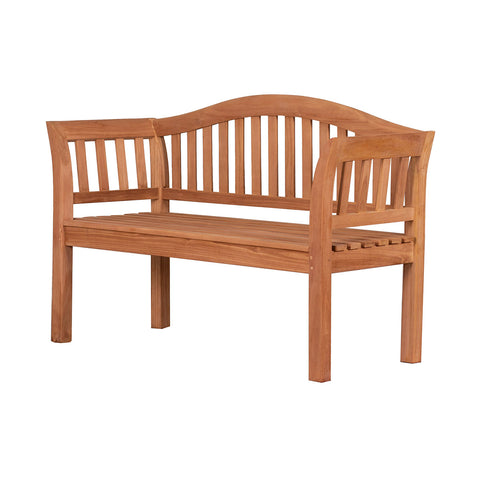 Eine hölzerne Gartenbank aus naturbelassenem Massivholz mit geschwungener Rückenlehne und senkrechten Latten vor weißem Hintergrund – perfekt als Outdoor-Sitzgelegenheit.