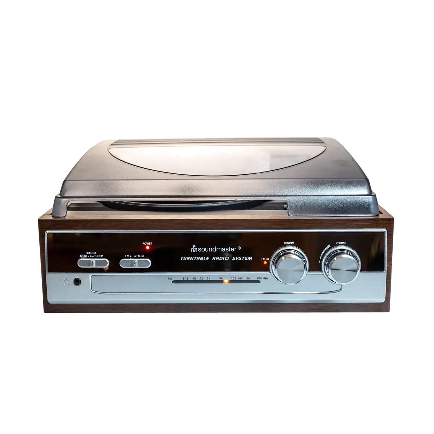 Retro Plattenspieler mit UKW Stereoradio und klarer Staubschutzhaube.
