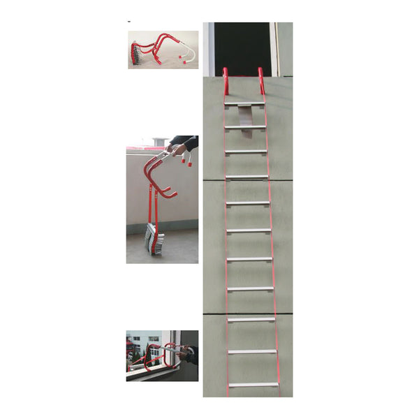 Ein faltbares Fluchtleitermodell mit roten Haken wird an einen Fenstersims gehängt und in einem mehrteiligen Bild gezeigt  das die Leiter in zusammengeklapptem und ausgezogenem Zustand präsentiert.
