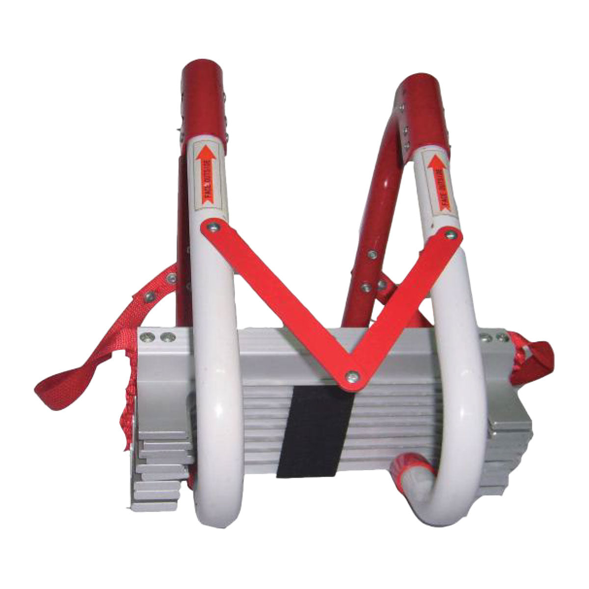 Ein kompakter  zusammenklappbarer Notfall-Fluchtleiter mit weißen  roten und metallischen Bauteilen.
