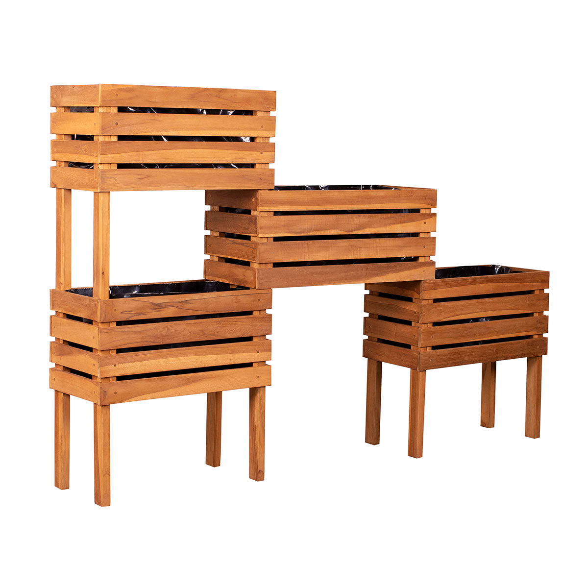Drei Pflanzkästen aus Teakholz „Hochbeet“ in unterschiedlichen Höhen und Größen versetzt angeordnet – eine ideale Gartendekoration für moderne Außenbereiche.