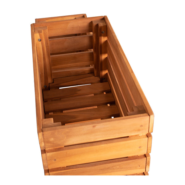 Drei ineinander verschachtelte rechteckige Holzkisten mit Lattenseiten und -böden, gefertigt aus Teakholz, von oben auf weißem Hintergrund betrachtet – perfekt für die Gartendekoration oder den Einsatz als Hochbeet.