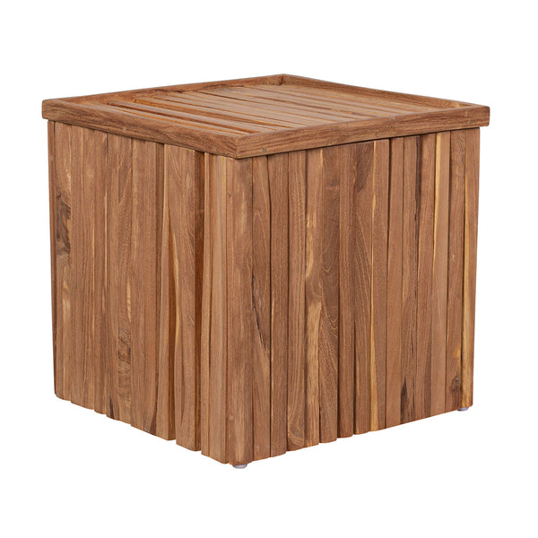Quadratische Teak-Holz Aufbewahrungsbox mit Lattendesign und flachem Deckel, ideal als praktische Teakbox oder vielseitiger Hocker Oxford, abgebildet auf weißem Hintergrund.