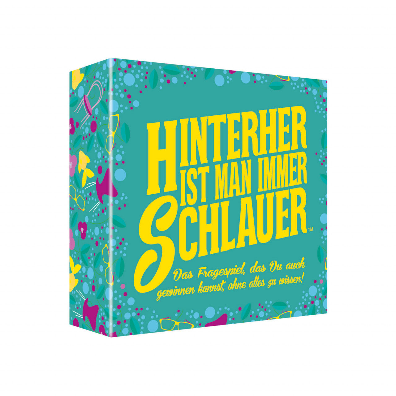 Bunte Spielschachtel mit gelbem deutschen Text „Hinterher ist man immer schlauer“ auf blaugrünem Hintergrund – perfekt für jede Fragespiel- oder Besserwisser-Versammlung.