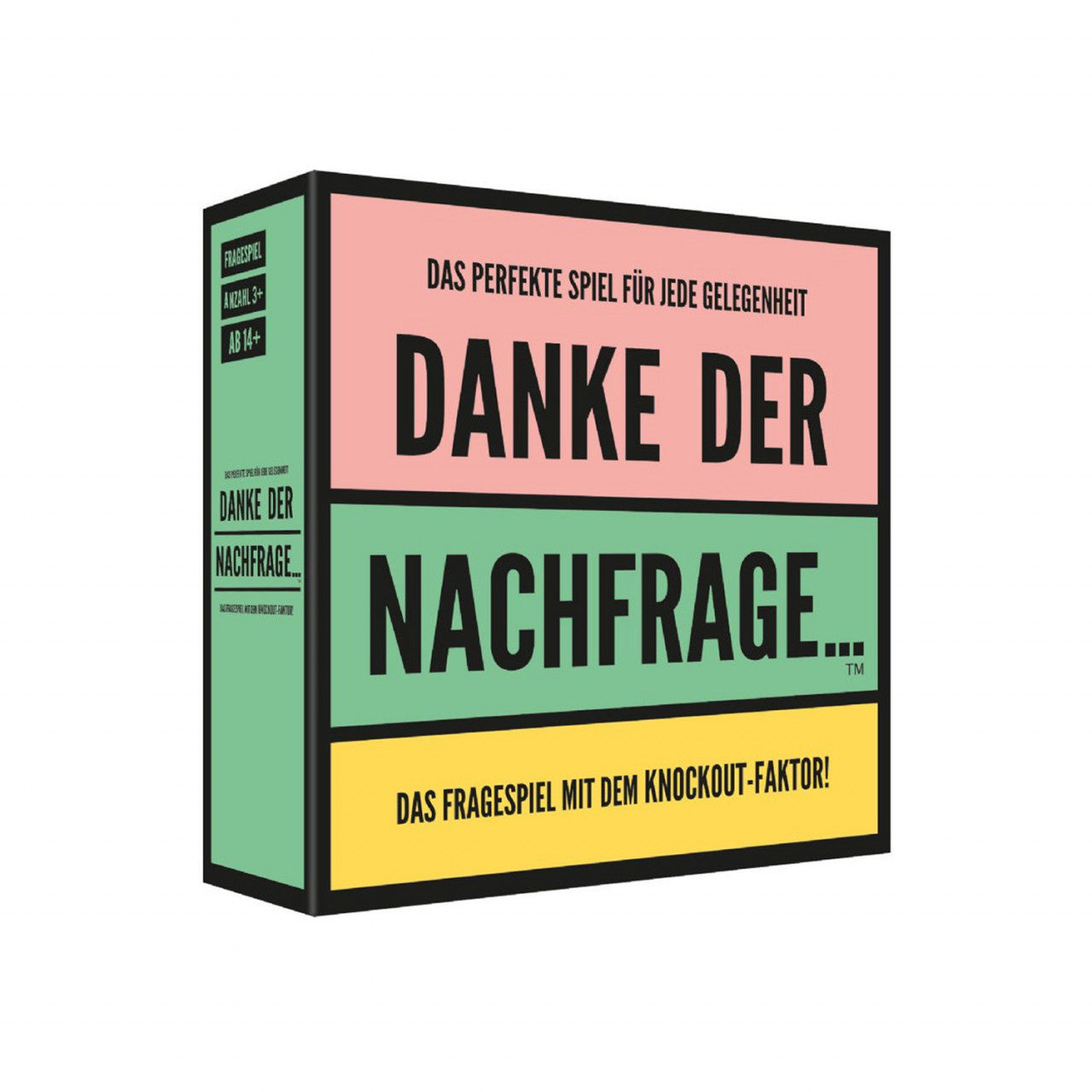Deutsche Partyspielbox mit fettem Text: DANKE DER NACHFRAGE... auf rosa, grünem und gelbem Hintergrund – perfekt für deinen nächsten Spieleabend mit Freunden! Ein unterhaltsames Gesellschaftsspiel für jede Runde.