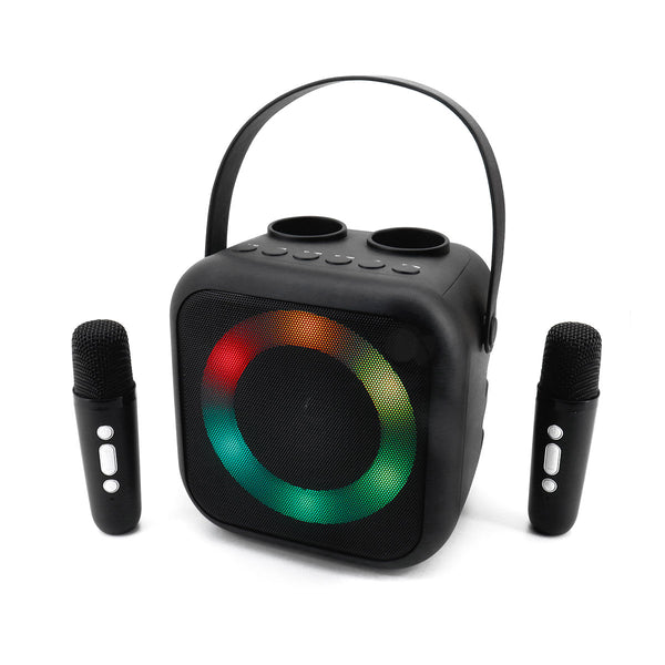 Ein tragbarer Lautsprecher mit einem leuchtenden LED-Ring in verschiedenen Farben auf der Vorderseite  zwei Mikrofone mit Knöpfen daneben.

