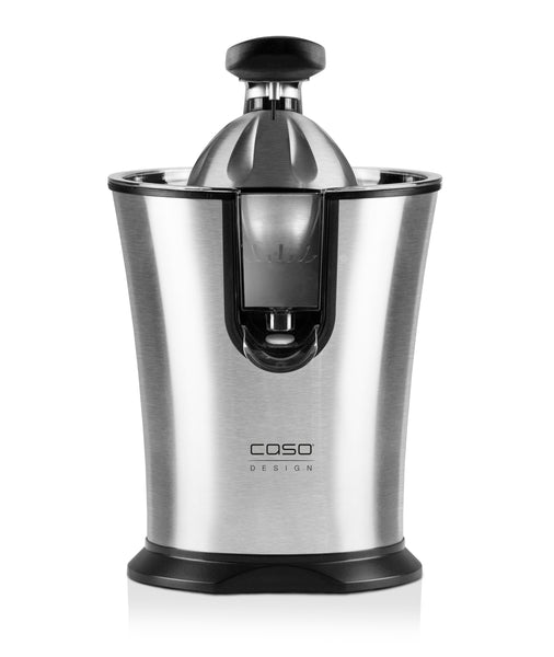 Ein Edelstahl-Zitrusentsafter mit mattem Finish und schwarzem Griff oben.
