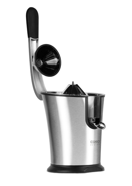 Ein silberfarbener elektrischer Entsafter mit einem Hebel und einer zylindrischen Form steht vor einem weißen Hintergrund.
