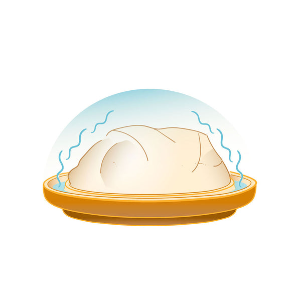 Eine Grafik zeigt ein großes  dampfendes Brot mit blauer Dampfzeichnung auf einem gelben Teller.
