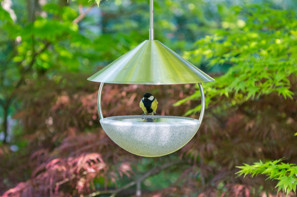 Ein Vogel sitzt in einem modernen  metallischen Vogelhäuschen mit konischem Dach  umgeben von grünen Blättern und Pflanzen im Hintergrund.
