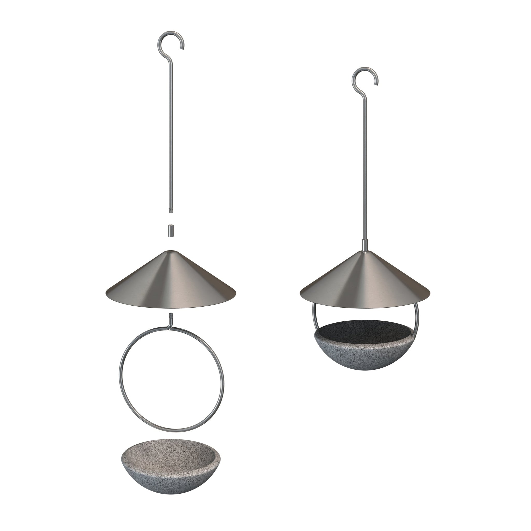 Zwei moderne Vogelhäuschen mit silbernen  konischen Dächern sind abgebildet  wobei das linke auseinandergebaut und das rechte vollständig montiert gezeigt wird.
