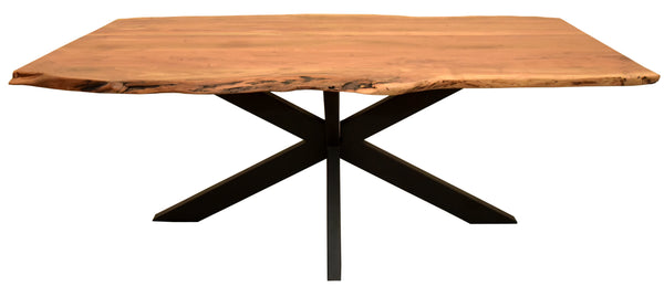 Ein rechteckiger Holztisch mit lebendiger Kante und X-förmigen Metallbeinen.
