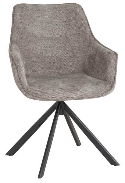 Ein gepolsterter  grauer Stuhl mit einer texturierten Oberfläche und schwarzen Metallbeinen in einem modernen Design.
