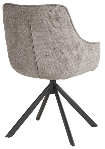 Ein grauer Stuhl mit Stoffbezug und vier schwarzen Metallbeinen in sternförmiger Anordnung  von hinten fotografiert.
