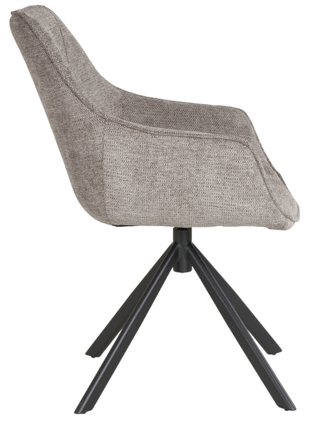 Ein eleganter  moderner Polsterstuhl mit grauer Stoffoberfläche und schwarzem Metall-Drehgestell wird von der Seite gezeigt.
