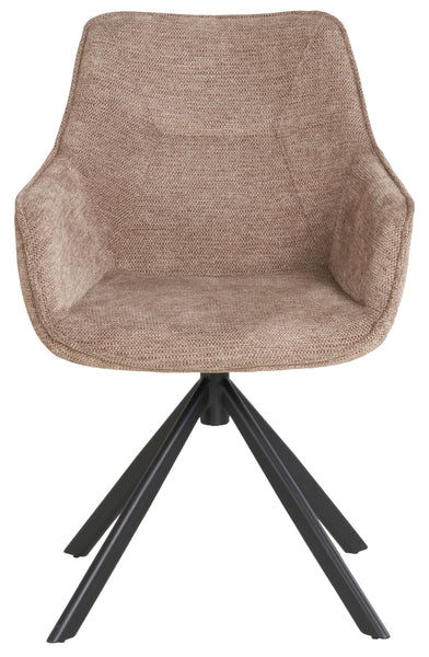 Ein brauner  gepolsterter Stuhl mit schalenförmiger Sitzfläche und Armlehnen steht auf einem schwarzen Vierbein-Gestell.
