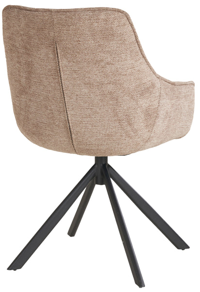 Ein drehbarer Stuhl mit beigem Stoffbezug und schwarzen  sich spreizenden Metallbeinen  von hinten betrachtet.
