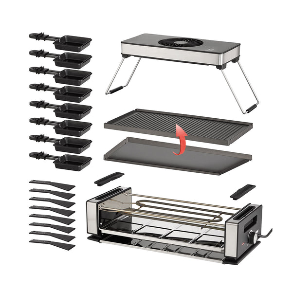 Das Bild zeigt die Einzelteile eines modernen Raclette-Grills  darunter die Basis mit einem Heizstab  mehrere Pfännchen  je eine glatte und gerillte Grillplatte sowie dazugehörige Zubehörteile.
