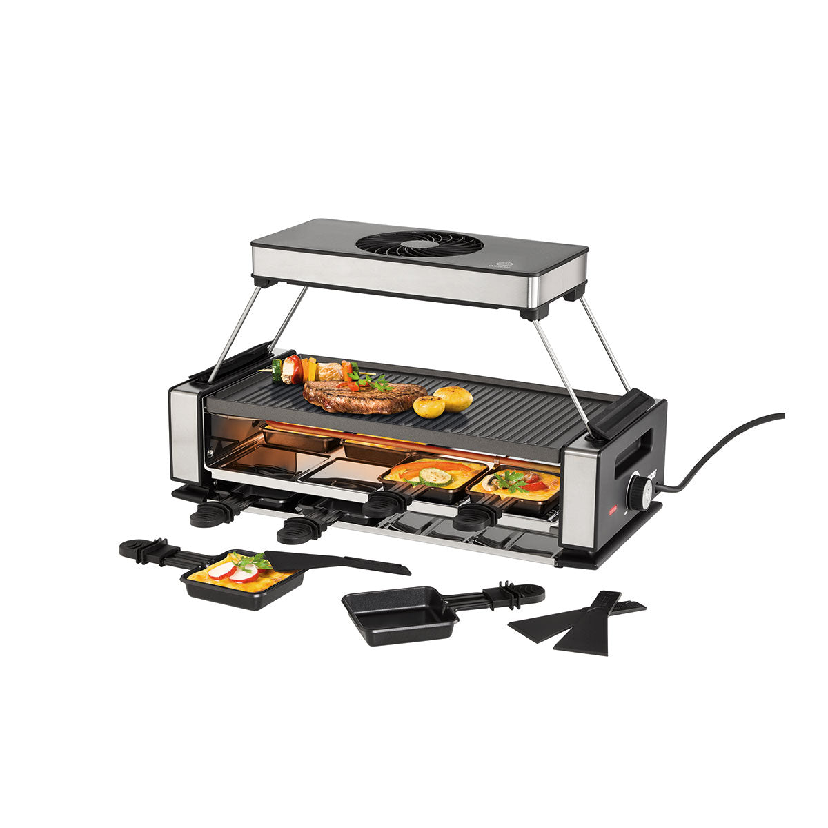 Ein moderner Tischgrill mit einer Grillplatte oben  darunter Raclette-Pfännchen mit verschiedenen Zutaten und zwei Spachteln daneben.