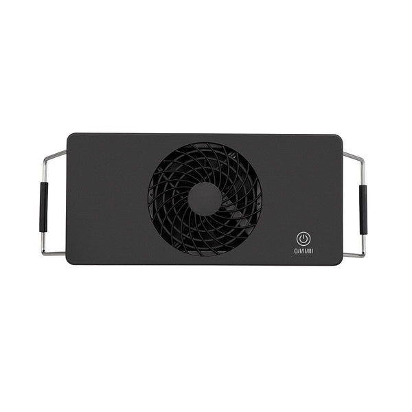 Abnehmbare Dunstabzugseinheit eines Raclette-Geräts mit großem Lüfter, Griffen an den Seiten und Bedienknopf mit drei Leistungsstufen.