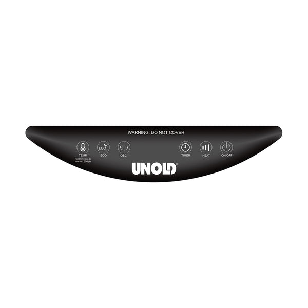 Ein geschwungenes schwarzes Bedienfeld mit dem Logo "UNOLD" in der Mitte und mehreren Symbolen für Temperatur  Eco-Modus  Oszillation  Timer  Heizung und Ein/Aus  zusammen mit dem Hinweis "Warning
