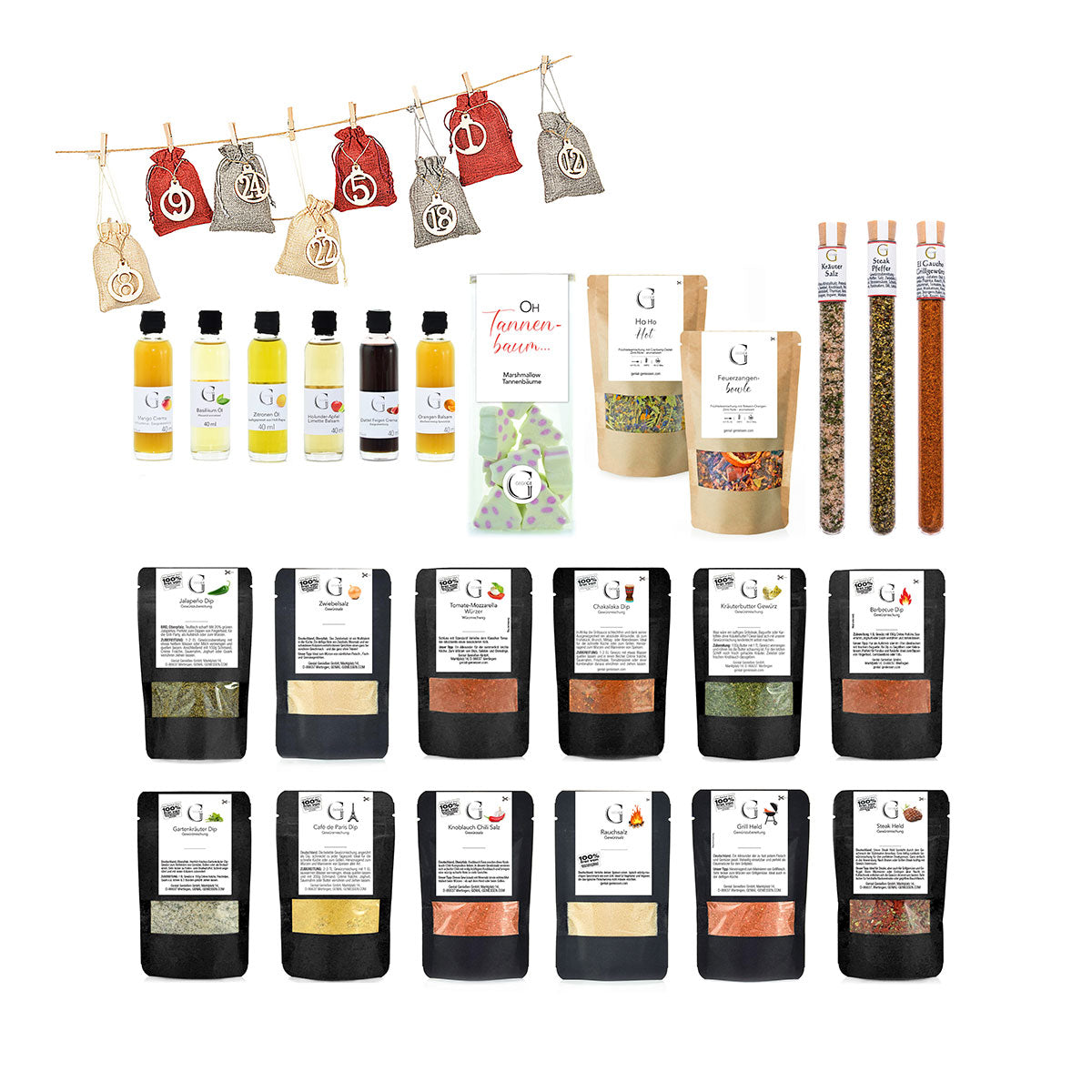 Verschiedene Gewürz- und Ölprodukte  Adventssäckchen und Geschenktüten sind aufgereiht  darunter Flaschen mit verschiedenen Flüssigkeiten  Beutel mit Kräutern und Gewürzmischungen und gläserne Röhrchen mit buntem Inhalt.
