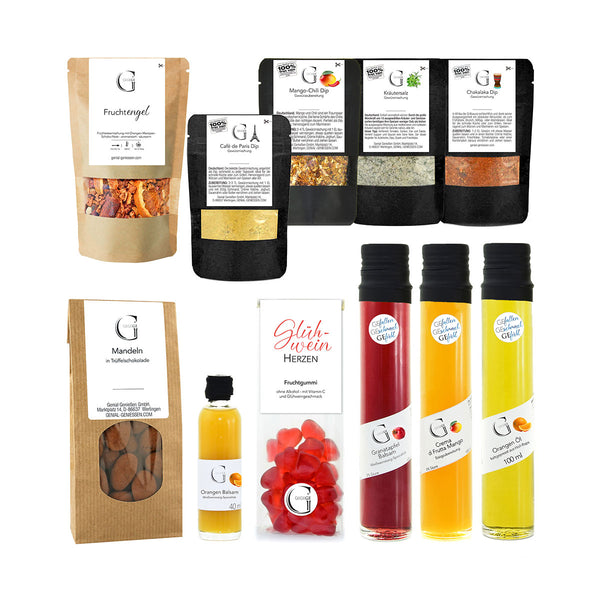 Eine Auswahl von Gourmet-Produkten  darunter Gewürzbeutel  Flaschen mit verschiedenen Essigen und Ölen  ein Fruchtgumnipack in Herzform  eine Packung getrocknete Früchte und eine Tüte mit Mandeln in Schokolade.
