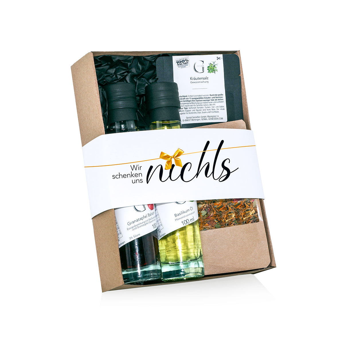 Das Bild zeigt ein Geschenkset bestehend aus zwei Glasfläschchen mit roten und hellgelben Flüssigkeiten  einer Tüte mit getrockneten Blüten und einer kleineren Packung mit Kräutern.
