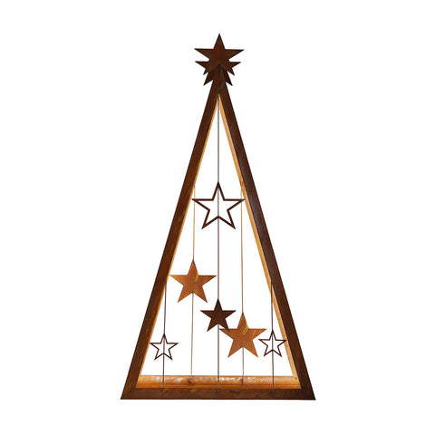 Ein dreieckiger Rahmen aus Holz mit einem Stern an der Spitze und mehreren unterschiedlich großen Sternen  die im Inneren hängen.
