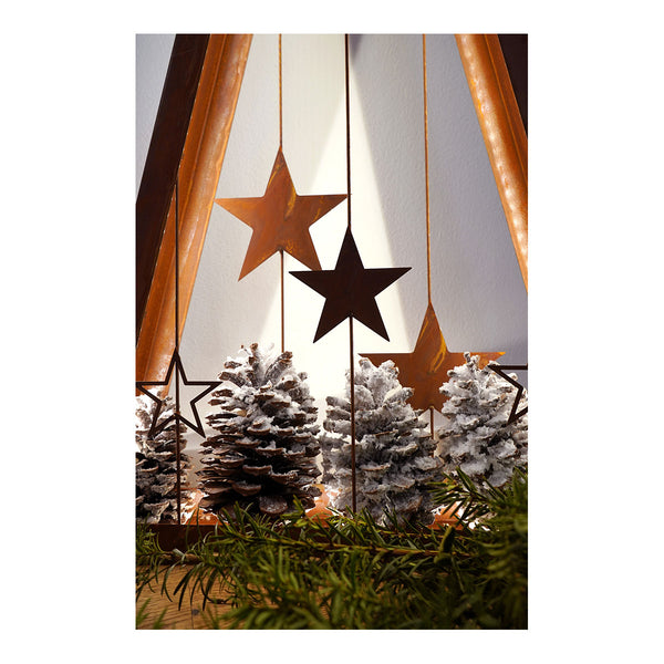 Eine festliche Dekoration mit schneebedeckten Tannenzapfen  rostfarbenen Metallsternen und grünen Zweigen vor einem weißen Hintergrund.
