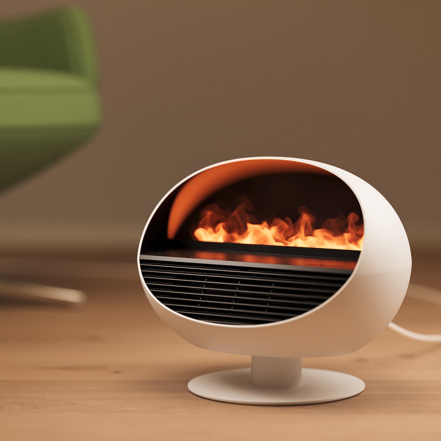 Der ERIK Heizlüfter mit Effektfeuer steht modern in Weiß auf einem Holzboden.