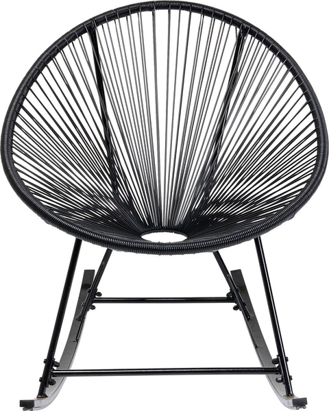 Schwarzer Drahtgestell-Schaukelstuhl im Acapulco-Design mit runder Sitzfläche und abgewinkeltem Metallfuß, von vorne betrachtet – perfekt als Outdoor-Stuhl zum stilvollen Entspannen.