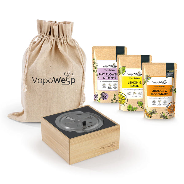 VapoWesp Räucherbox inkl. Pulver Orange & Rosemary (50 g), Lemon & Basil (100 g), Hay Flowers & Thyme (100 g)