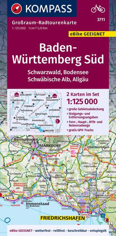 KOMPASS Großraum-Radtourenkarte 3711 Baden-Württemberg Süd, Schwarzwald, Bodensee, Schwäbische Alb, Allgäu, 1:125.000 - Bild 1