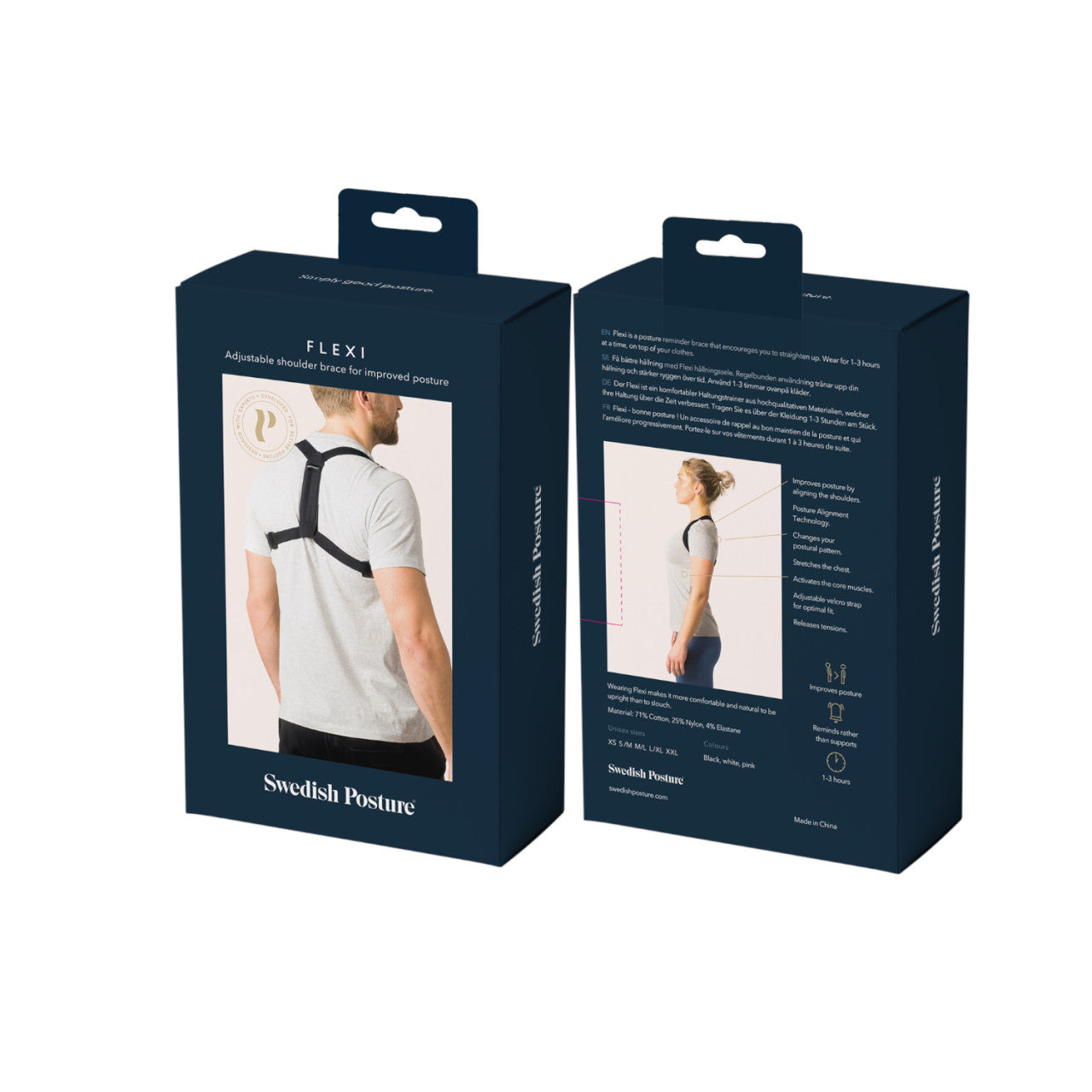 Zwei blaue Kästen mit der Aufschrift „Swedish Posture“, auf denen jeweils ein Haltungskorrektor vom Typ Flexi-Haltestütze zu sehen ist, der von einem Mann und einer Frau getragen wird.
