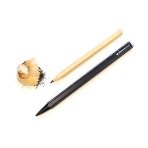 Ein angespitzter Bleistift, Bleistiftspäne und ein schwarzer Multitasking-Bleistift mit nachhaltiger Mine liegen auf einem weißen Hintergrund.