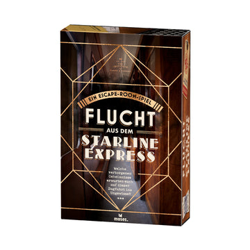 Box des Escape-Games Flucht aus dem Starline Express mit goldenem geometrischem Design im Art-Déco-Stil, das spannenden Rätselspaß an Bord des legendären Starline Express verspricht.