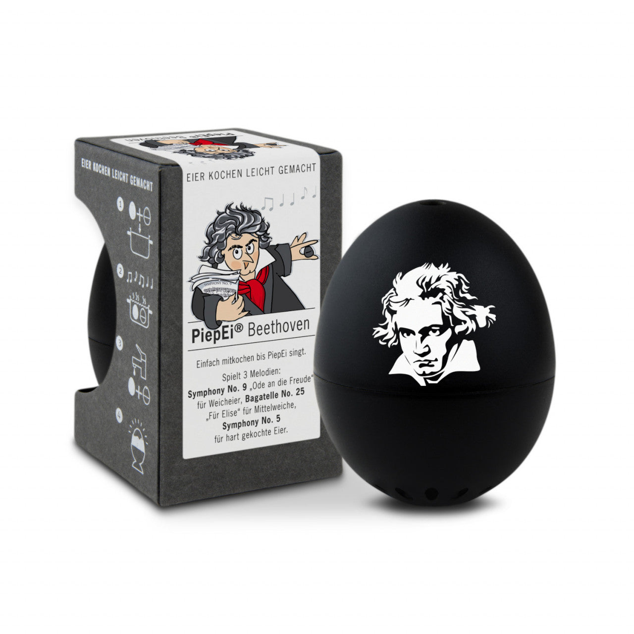 Eine schwarze Eieruhr mit Beethovens Gesicht neben der Verpackung und einem Cartoon von Beethoven – das perfekte musikalische Gadget für perfekt gekochte Eier: das PiepEi Beethoven.