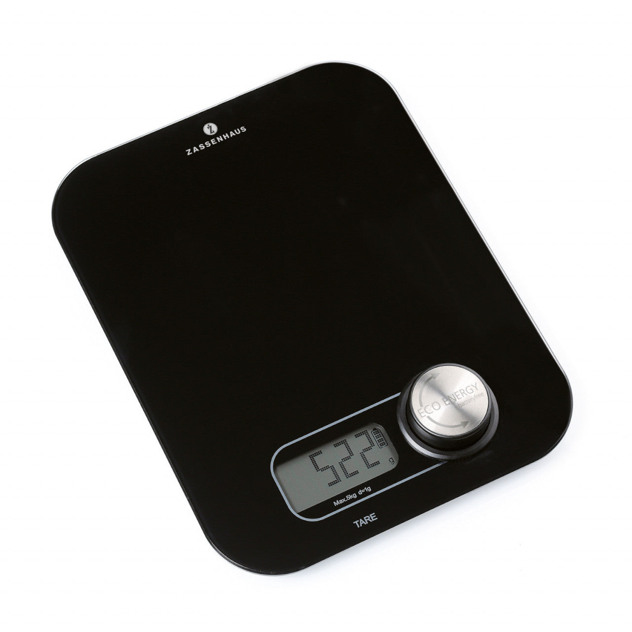 Eine schwarze Digitalwaage Eco Energy mit Sensor-Touch-Bedienfeld zeigt 522 Gramm an und verfügt über eine Metallbatterie auf der Wiegefläche.