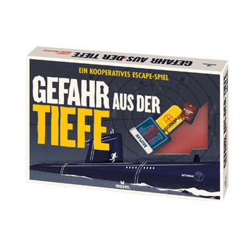 Box des Escape-Spiels Gefahr aus der Tiefe mit U-Boot-Illustration, sichtbaren Spielsteinen und Rätselelementen, perfekt für Teamwork-Abenteuer.