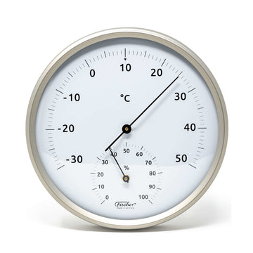 Rundes analoges Bimetall-Thermometer-Hygrometer mit Edelstahlgehäuse, zeigt 20°C Temperatur und 40% Luftfeuchtigkeit auf weißem Hintergrund an.