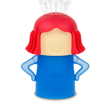 Ein blau-roter Angry Mama Mikrowellenreiniger mit einem wütenden Gesicht und Dampf, der aus seinem Kopf kommt.