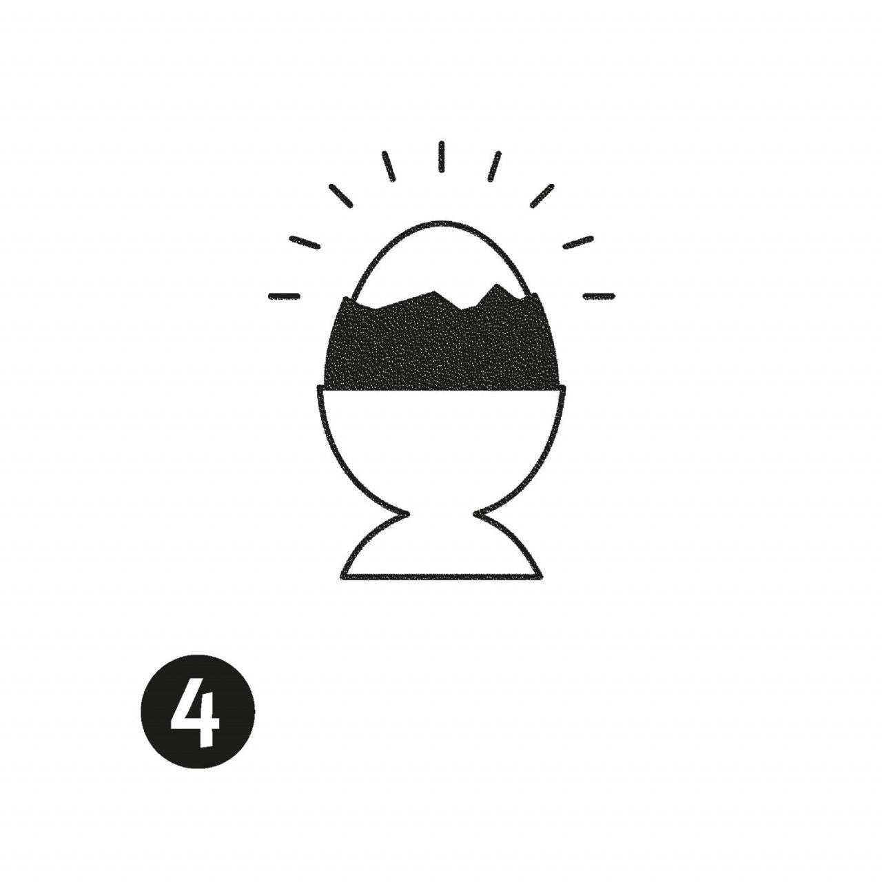 Strichzeichnung eines aufgeschlagenen Eies in einem Eierbecher mit Strahlen darüber, inspiriert von der PiepEi Eieruhr für perfekt gekochte Eier; unten links in einem schwarzen Kreis die Zahl 4.