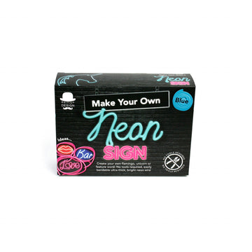 Box mit der Aufschrift „Make Your Own Neonzeichen“ mit neonfarbenem blauem und rosa Text, Neondraht-Schildgrafiken und Beleuchtungsoptionen auf einem eleganten schwarzen Hintergrund.