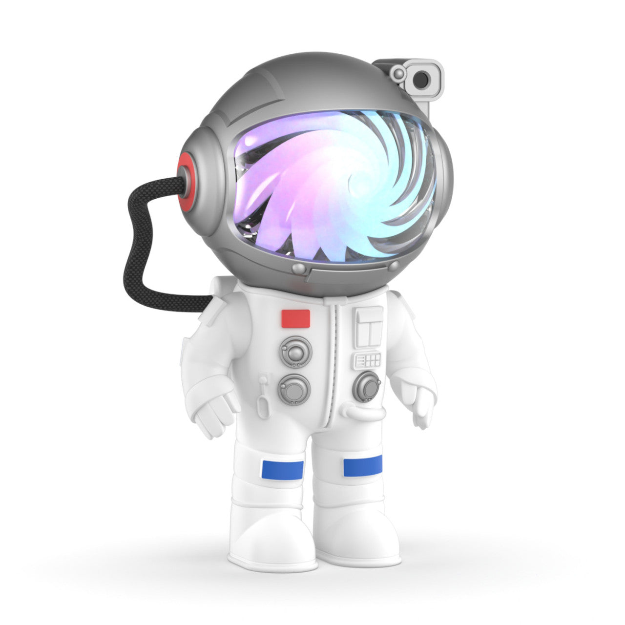 Niedlicher 3D-Astronaut Stellar Light mit einem wirbelnden, bunten Muster auf dem Helmvisier, inspiriert von der sich bewegenden Milchstraße, stehend auf weißem Hintergrund.