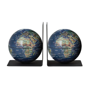 Zwei globusförmige Buchstützen mit sichtbaren Globen aus Afrika, Europa und Asien sind durch stabile Metallstützen getrennt – Teil der stilvollen magnetischen Buchstützen-Kollektion BOOKGLOBE.