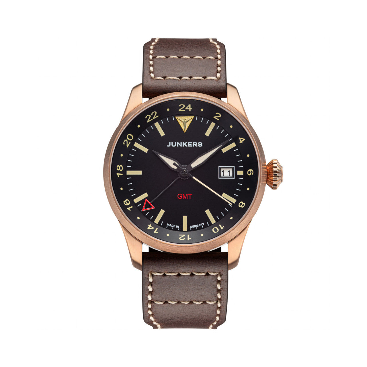 Armbanduhr von Junkers Uhren mit braunem Lederarmband, schwarzem Zifferblatt, Datumsanzeige und goldfarbenem Gehäuse, inspiriert vom klassischen Flieger Bronze GMT-Stil.