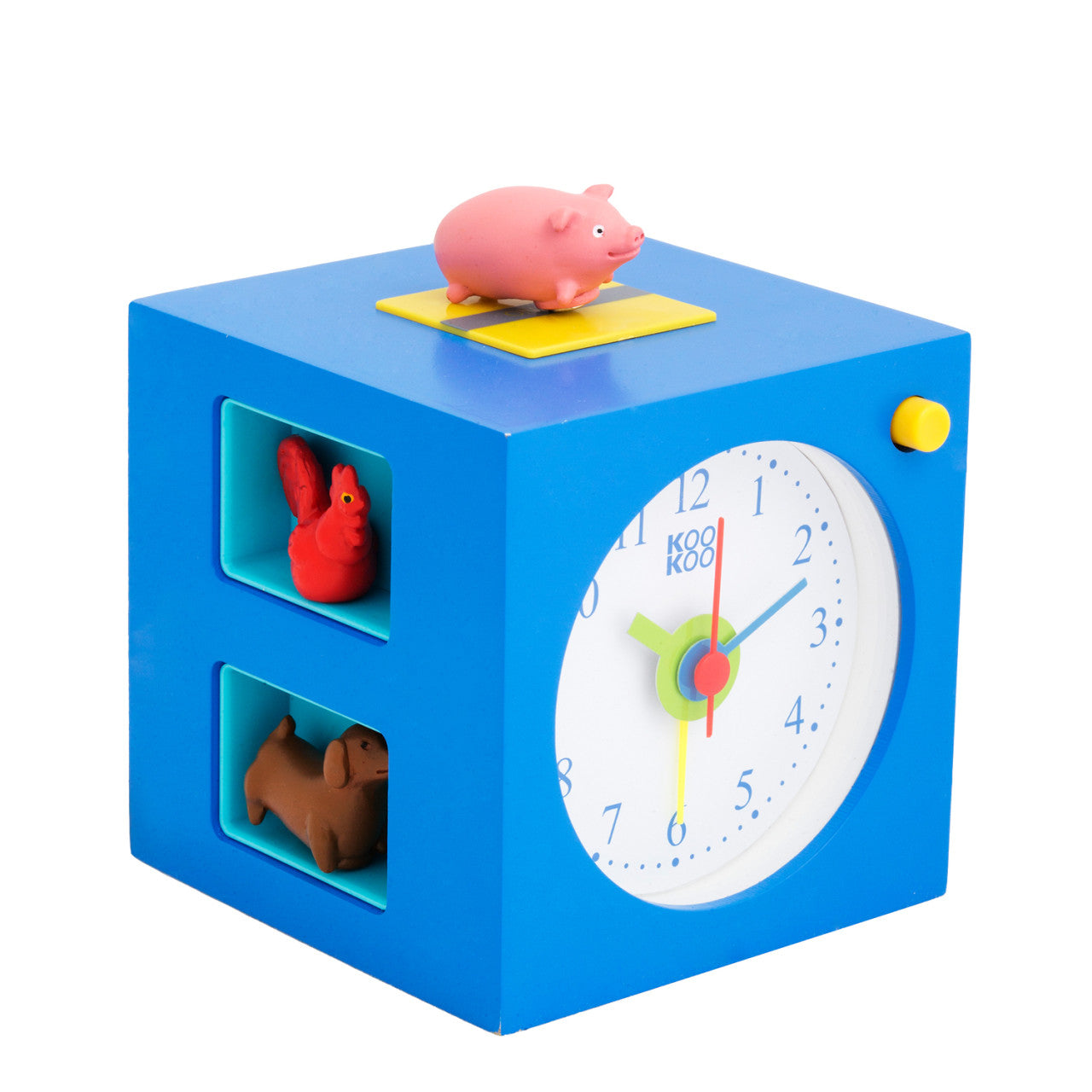 Kookoo Kinderwecker KidsAlarm - Blaue Würfeluhr mit Tiergeräuschen und Schwein.